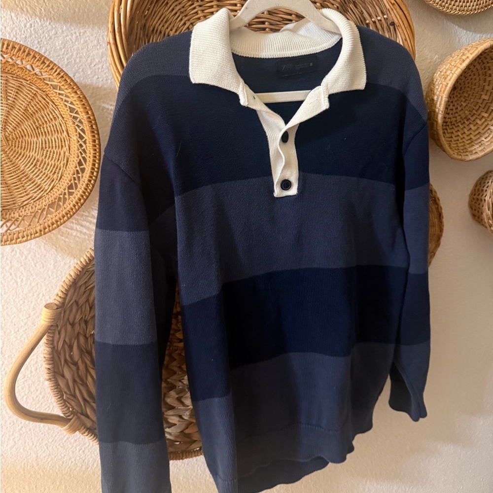 Zara Navy and Cream Knit Sweater